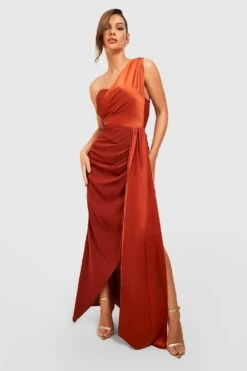 Einärmliges Drapiertes Satin-Maxikleid -Günstiges Mode Takt Geschäft fzz31831 rust xl 2