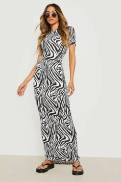 Zebraprint Maxikleid Mit Kurzen Ärmeln