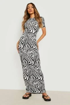 Zebraprint Maxikleid Mit Kurzen Ärmeln -Günstiges Mode Takt Geschäft gzz16718 black xl 2