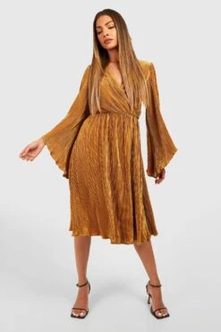 Plissee Wickel-Midikleid Mit Weiten Ärmeln -Günstiges Mode Takt Geschäft gzz25417 chartreuse xl 2