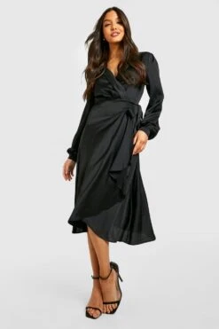 Satin Wickel-Skaterkleid Mit Wickel-Detail -Günstiges Mode Takt Geschäft gzz25443 black xl 2