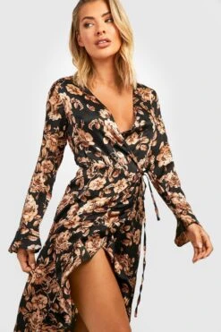 Florales Satin Wickel-Midikleid Mit Rüschen -Günstiges Mode Takt Geschäft gzz34619 black xl 3