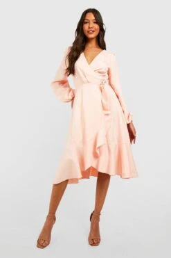 Rüschen Midi Wickel-Skaterkleid Aus Crepestoff