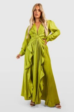 Plus Cut-Out Rüschen-Maxikleid Aus Leinen -Günstiges Mode Takt Geschäft gzz38113 olive xl 2