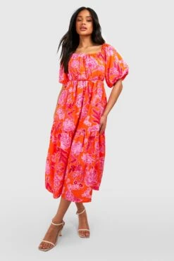 Florales Skaterkleid Mit Puffärmeln 6 Florales Skaterkleid Mit Puffärmeln -Günstiges Mode Takt Geschäft gzz39024 orange xl 2