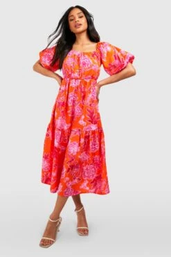 Florales Skaterkleid Mit Puffärmeln 7 Florales Skaterkleid Mit Puffärmeln -Günstiges Mode Takt Geschäft gzz39024 orange xl 3