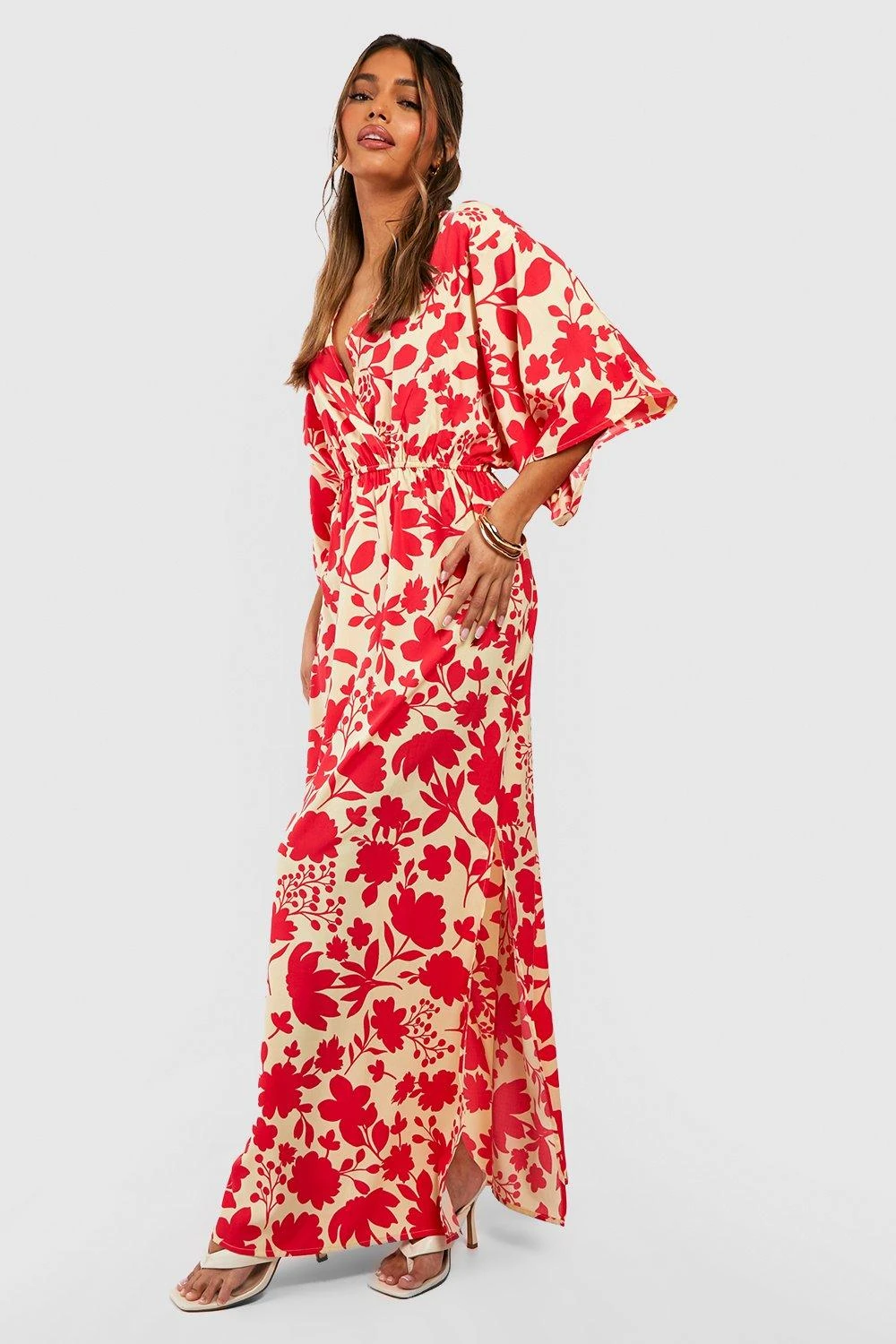 Florales Wickel-Maxikleid Mit Fledermaus-Ärmeln 1 Florales Wickel-Maxikleid Mit Fledermaus-Ärmeln