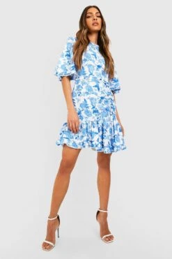 Florales Rüschen-Skaterkleid Mit Weiten Ärmeln -Günstiges Mode Takt Geschäft gzz39135 blue xl 2