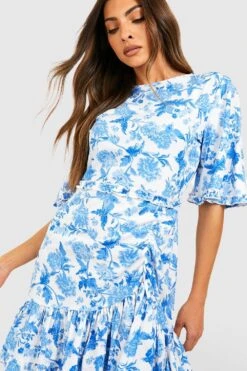 Florales Rüschen-Skaterkleid Mit Weiten Ärmeln -Günstiges Mode Takt Geschäft gzz39135 blue xl 3