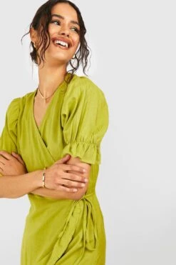 Wickel-Midikleid Mit Rüschen Aus Leinen -Günstiges Mode Takt Geschäft gzz39668 olive xl 3