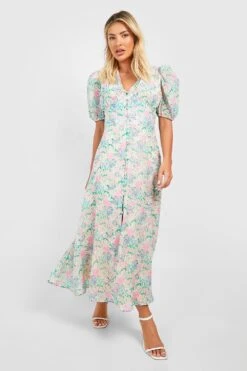 Strukturiertes Florales Midikleid Mit Knopfleiste -Günstiges Mode Takt Geschäft gzz42608 pink xl 2