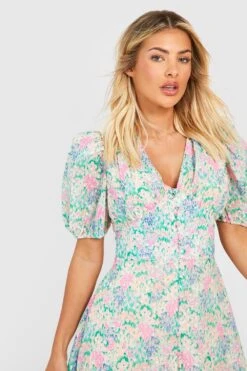 Strukturiertes Florales Midikleid Mit Knopfleiste -Günstiges Mode Takt Geschäft gzz42608 pink xl 3