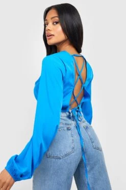 Kurzes Oberteil Mit Ballonärmeln Und Schnür-Detail -Günstiges Mode Takt Geschäft gzz47852 blue xl 2