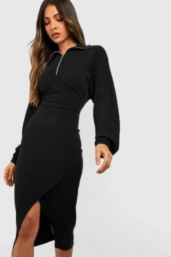 Geripptes Wickel-Midikleid Mit Halbem Reißverschluss -Günstiges Mode Takt Geschäft gzz48052 black xl 2