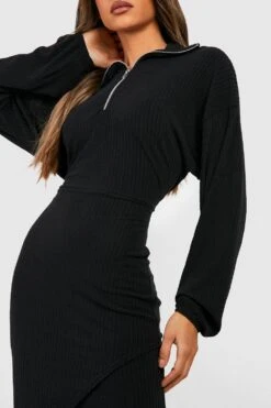 Geripptes Wickel-Midikleid Mit Halbem Reißverschluss -Günstiges Mode Takt Geschäft gzz48052 black xl 3