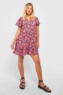 Florales Smokkleid Mit Rüschen-Ärmeln -Günstiges Mode Takt Geschäft gzz51323 pink xl 2