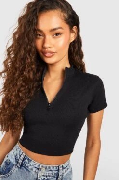 Geripptes Crop Top Mit Halbem Reißverschluss -Günstiges Mode Takt Geschäft gzz52023 black xl 2