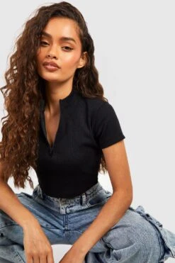 Geripptes Crop Top Mit Halbem Reißverschluss -Günstiges Mode Takt Geschäft gzz52023 black xl 3