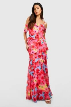 Florals Gestuftes Rüschen-Maxikleid