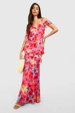 Florals Gestuftes Rüschen-Maxikleid -Günstiges Mode Takt Geschäft gzz52593 pink xl 2