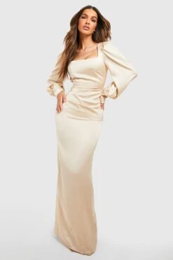 Satin Maxikleid Mit Blouson-Ärmeln -Günstiges Mode Takt Geschäft gzz53013 champagne xl 2