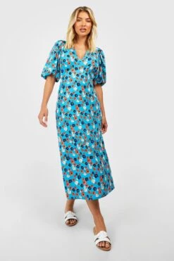 Günstiges Mode Takt Geschäft 30 Florales Midikleid Mit Puffärmeln