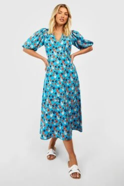 Florales Midikleid Mit Puffärmeln -Günstiges Mode Takt Geschäft gzz53056 blue xl 2