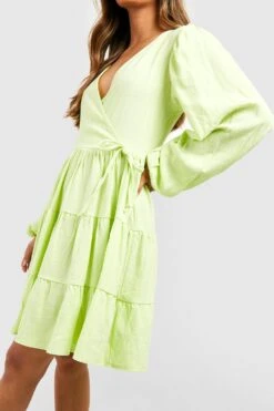 Gestuftes Wickel-Smokkleid Aus Leinen -Günstiges Mode Takt Geschäft gzz53446 lime xl 3