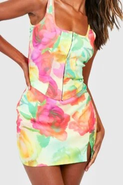 Floraler Minirock Mit Geteiltem Saum -Günstiges Mode Takt Geschäft gzz53503 green xl 3