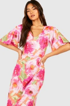 Florales Strukturiertes Maxi-Smokkleid -Günstiges Mode Takt Geschäft gzz53802 pink xl 3