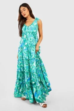Florales Gestuftes Rüschen-Maxikleid -Günstiges Mode Takt Geschäft gzz54129 green xl 2