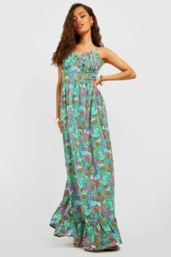 Florales Maxikleid Mit Geraffter Brust Und Rüschensaum -Günstiges Mode Takt Geschäft gzz54322 green xl 2