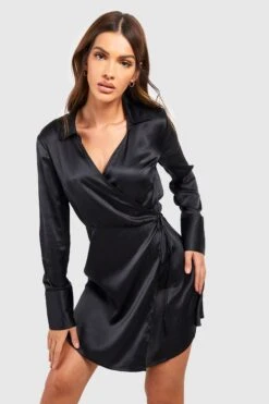 Wickel-Hemdkleid Aus Satin Mit Gürtel -Günstiges Mode Takt Geschäft gzz54990 black xl 2