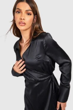 Wickel-Hemdkleid Aus Satin Mit Gürtel -Günstiges Mode Takt Geschäft gzz54990 black xl 3