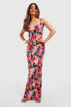 Florales Plissee Maxikleid -Günstiges Mode Takt Geschäft gzz55886 pink xl 2