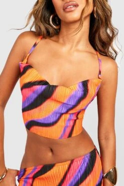 Plissee Crop Top Mit Abstraktem Print Und Wasserfallausschnitt -Günstiges Mode Takt Geschäft gzz55900 purple xl 3