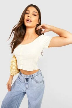 Geripptes Crop Top Mit Gekräuseltem Detail 6 Geripptes Crop Top Mit Gekräuseltem Detail -Günstiges Mode Takt Geschäft gzz57787 cream xl 2