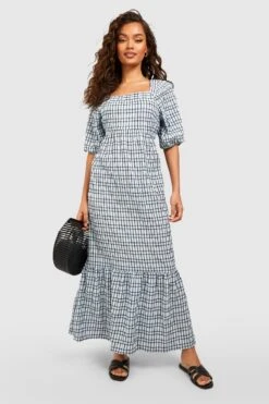 Günstiges Mode Takt Geschäft 11 Gingham-Midikleid Mit Geradem Ausschnitt